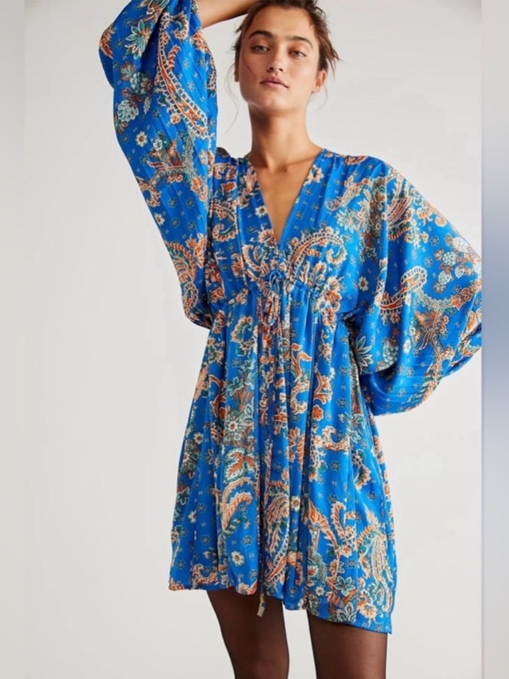 Free People Blue Paisley V-Neck Long Sleeve Mini Dress